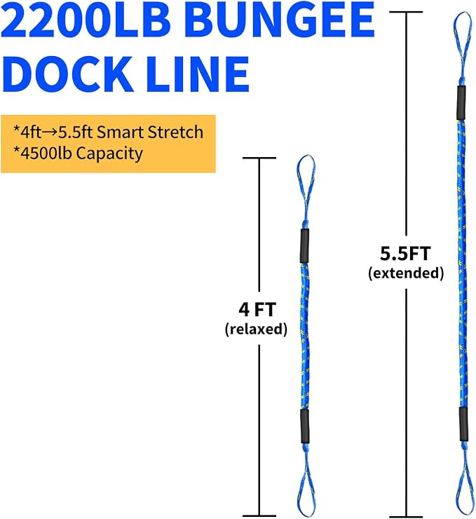 2-Pack Bungee Dock Lines for Boats with Loops, Boat Tie Downs for Docking, Adjustable Boat Mooring Rope for Pontoon, Jon Boat & PWC (Blue & Yellow, 4 FT)