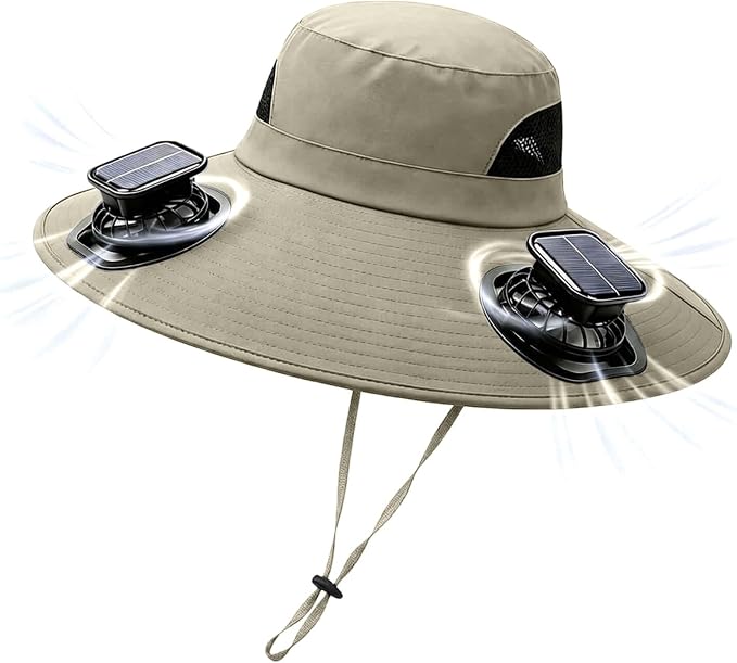 Solar Powered Fan Hat for Men Women Wide Brim Hat with 2 Fans UPF 50+ Outdoor Fishing Beach Sun Hat