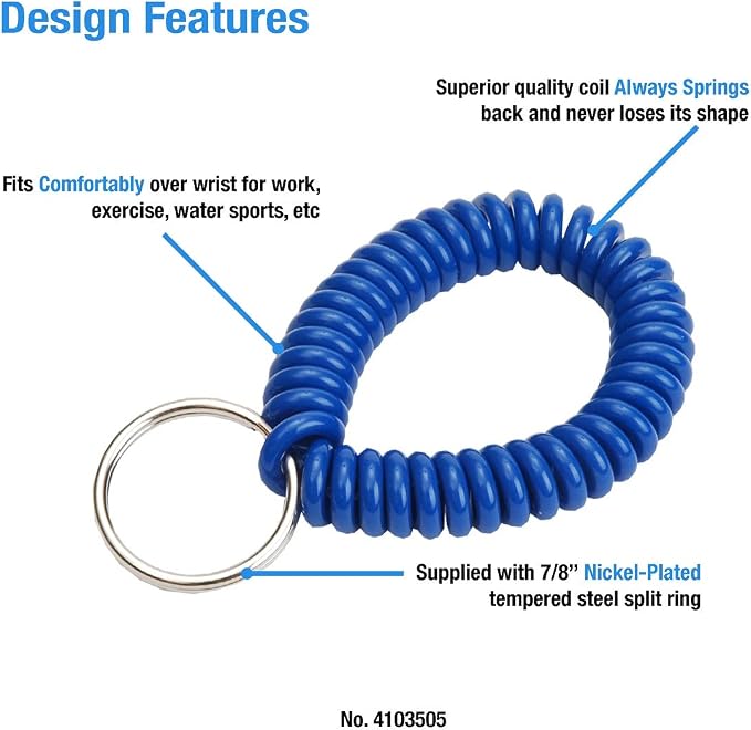 Wrist Coil with Split Key Ring, Blue, PK5