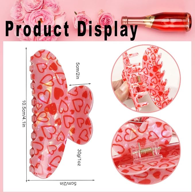 1 Pack Heart Hair Claw Clips Red Heart Hair Clips for Anniversary Hair Accessories Large Acrylic Hair Jaw Clips Strong Hold Laser Hair Clamp Clips for Women Hair Supplies