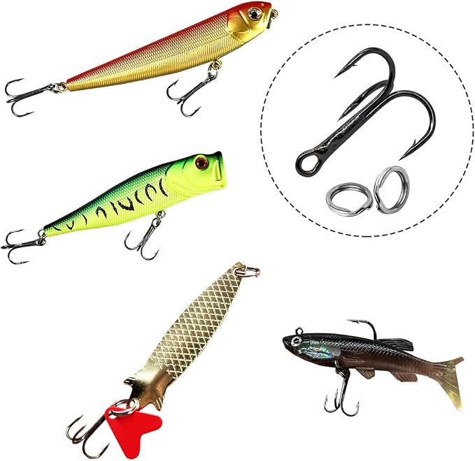 200 Pack Fishing Treble Hooks Kit High Carbon Steel Hooks Strong Sharp Round Bend with Split Rings for Lures Baits Saltwater Freshwater Fishing Size 2# 4# 6# 8# 10#