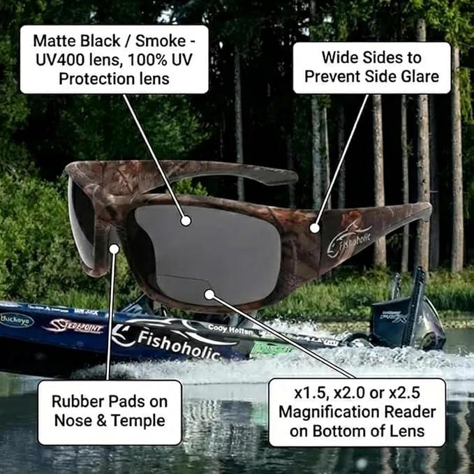 Fishoholic Polarized Bi-Focal Fishing Sunglasses with Reader Magnification (1.5x, 2.0x, 2.5x Options) and UV400 Protection