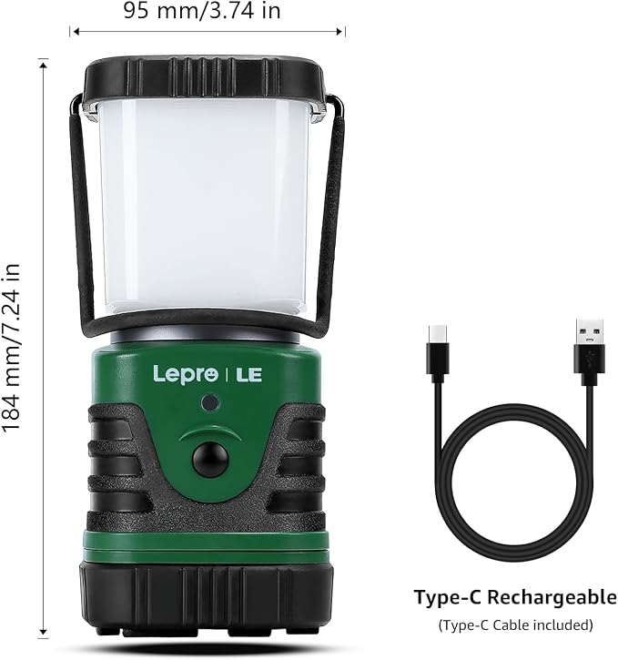 Lepro 1000LM LED Camping Lantern Rechargeable, 4400mAh Green Tent Light with 4 Light Modes, Waterproof Lantern Flashlight for Hurricane Emergency, Camping Essentials, USB Cable Included