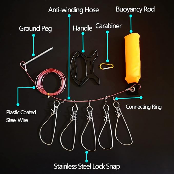 Fishing Stringer Live Fish Lock, Stainless Steel Fish Stringer Clip, Big Fish Wire Rope Cable with Float and Plastic Handle, Fishing Holder Kit with High Strength 10 Snaps/Buckles