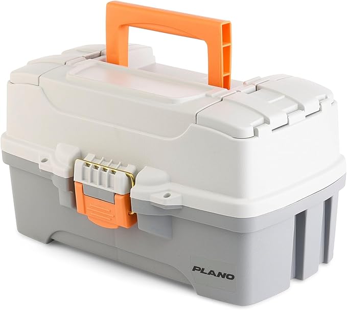 Plano Two-Tray Tackle Box, Light Grey/Dark Grey, Rust-Proof Brass Latch, Top-Access Tray with Deep Storage, Made in the USA, Portable Fishing Gear Storage Organizer