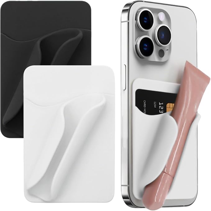 2 Pack Lip Gloss Phone Case Holder,Silicone Lip Gloss Holder with Card Holder,with Back Adhesive, Soft and Easy to Clean, Stylish and Eye-Catching, for Most Phone Models,（Black White