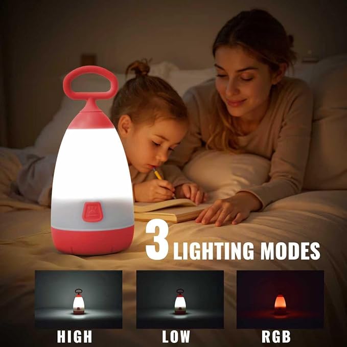 2-Pack Kids Camping Lantern & Night Light, Battery Operated, 360° Eye-Safe Light, IPX4 Waterproof RGB Portable for Family RV Camping (Green & Red, 6× AAA Included)