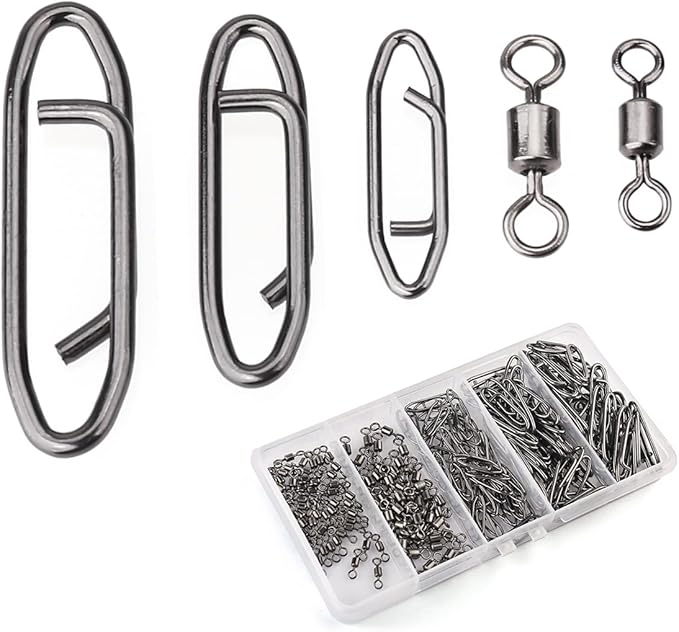 220Pcs Stainless Steel Fishing Power Speed Clips - S:50p M:40p L:30p 4#50p 6#50p, Heavy Duty Rotating Snap Fasteners for Quick Bait/Lure Changes, Saltwater & Freshwater Fishing