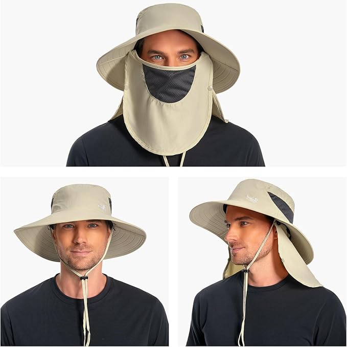 BASSDASH UPF 50+ Breathable Sun Hat with Removable Face Cover and Neck Flap Wide Brim Bucket Hat for Fishing Hiking Men Women