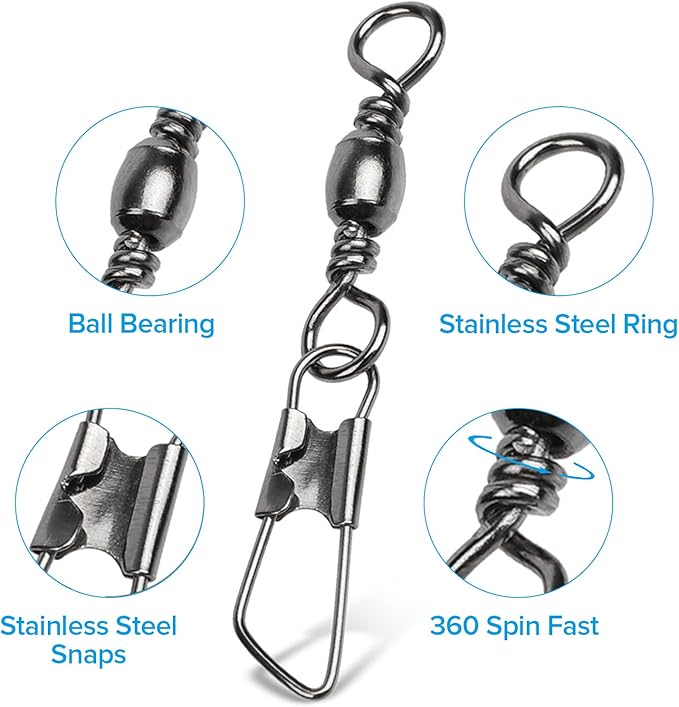 Realure 100 Pcs Fishing Swivels and Clips, Safety Snaps Swivels Fishing Tackle, Sea Fishing Swivels, Rolling Swivel for Quick Change Swivels Fishing Hook to Line Connectors (7# 8# 10# 12# 14#)