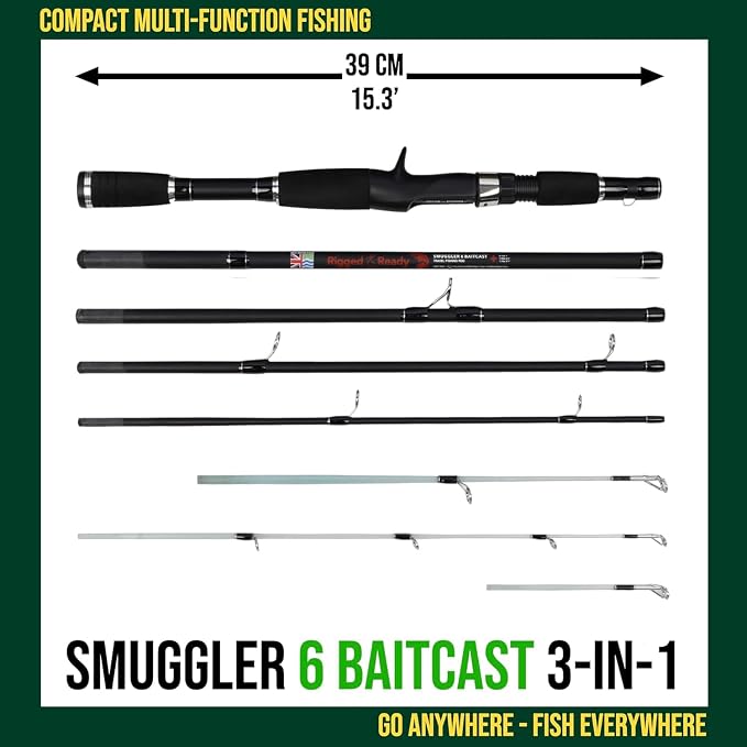Rigged and Ready Smuggler Series™ Travel Fishing Rods. Super Compact, 1 Spinning Rod and Reel Combo, 4 Spin, 1 Casting Rod + Cases. 2, 3 or 4 Tips. Spin and General Freshwater - Saltwater Fishing