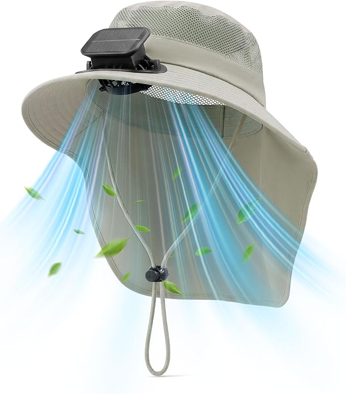 Short Brim Sun Hat with 1 Solar Fan & Neck Flap for Men Women UPF 50+ Outdoor for Garden Fishing Beach Essential