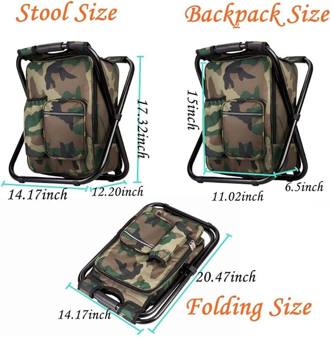 FCFKUK Bright starl Upgraded Large Size 3 in1 Multifunction Fishing Backpack Chair, Portable Hiking Camouflage Camping Stool, Folding Cooler Insulated Picnic Bag Backpack Stool