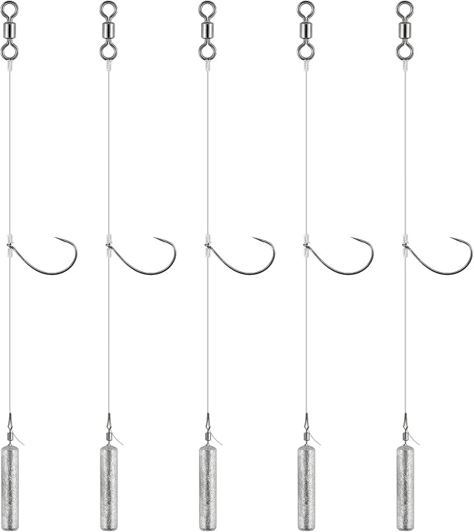 Dr.Fish 10 Pack Drop Shot Rig Bass Fishing Rig Snelled Hook Leader Line Fluorocarbon Swivel Sinker Plastic Worm Wacky Freshwater 3/8oz