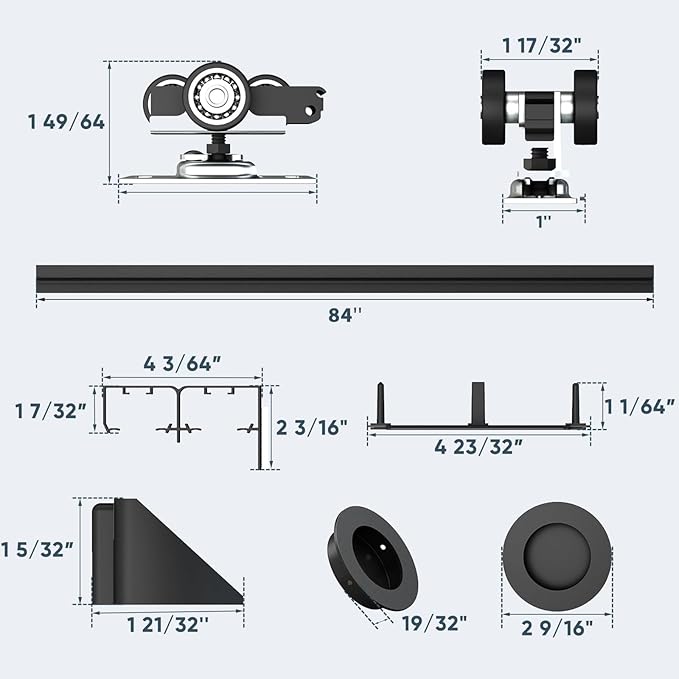JUBEST 7FT Heavy Duty Bypass Door Hardware with Finger Pulls,Sturdy Aluminum Sliding Closet Door Track for 2 door System,Quietly and Smoothly,Fit Door Thickness 1 3/8" or 1 3/4",Easy to Install, Black