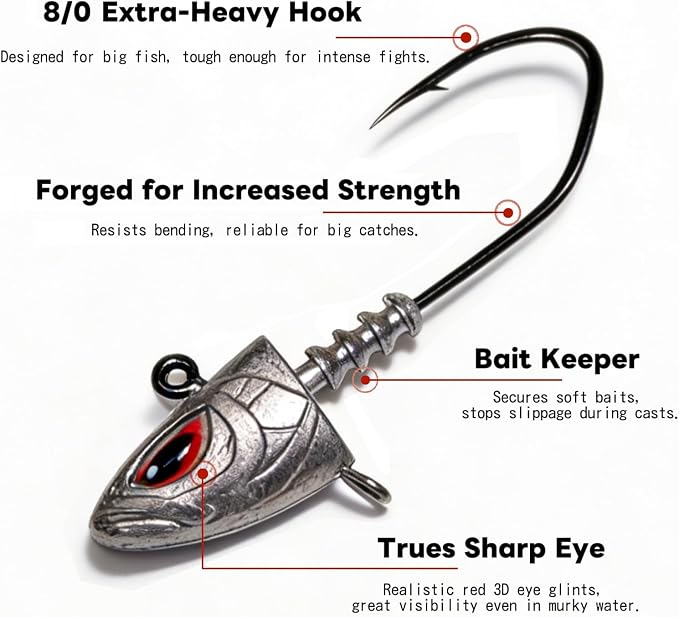 Saltwater Jig Heads 10 Pack, 3D Red Eyes with Bait Keeper & Belly Trailer Hole, 3/4oz to 1-3/4oz, 6/0 & 8/0 Hooks for Inshore Offshore Saltwater Fishing