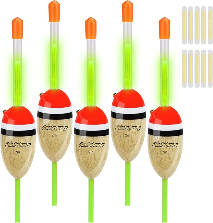 QualyQualy Lighted Fishing Slip Bobber 4-5Pcs Wood/EVA Fish Float + 8-10Pcs Glow Sticks, Night Fishing Light Up Slip Bobber for Crappie Bass Panfish Catfish Walleye
