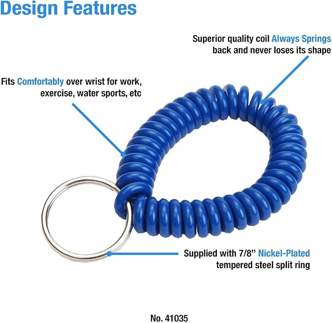 Lucky Line 2” Spiral Wrist Coil with Steel Key Ring, Flexible Wrist Band Key Chain Bracelet, Stretches to 12” Blue, 10 PK (41035)