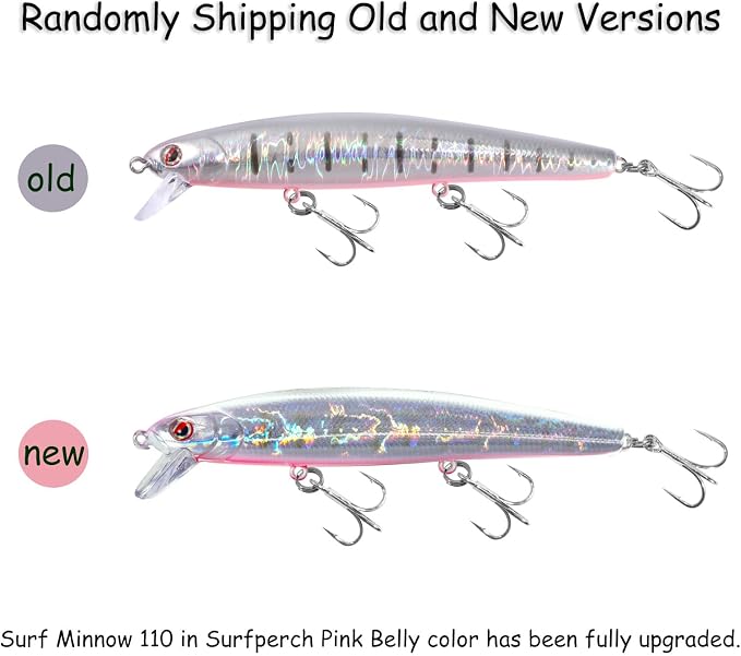 LITTMA California Surf Fishing Lures Saltwater Jerkbait Crankbait Surf Minnow 110/125 - Metallic Sardine Super Glow & Pearl Pink Belly Glow Lures for Halibut & Striper Fishing