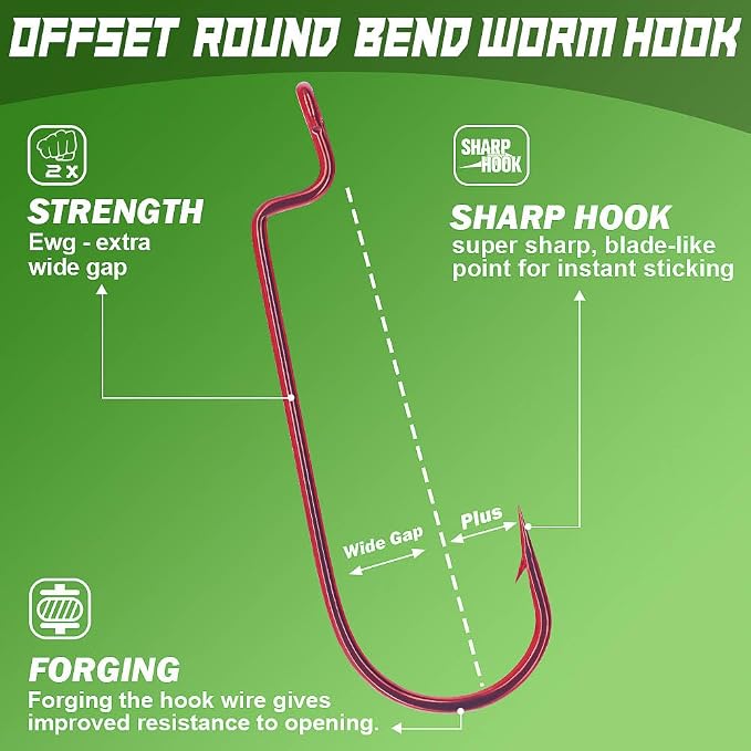 Offset-Worm-Hooks-for-Bass-Fishing-Round Bend Plastic Worms Texas Rig Hook Black Red 1/0 2/0 3/0 4/0