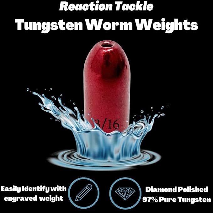 Reaction Tackle Tungsten Worm Weights for Bass Fishing - Bullet Shaped Sinkers/Fishing Weights - for Texas Rig and Carolina Rig/Size Stamped