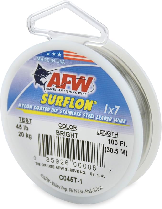 American Fishing Wire Surflon Nylon Coated 1x7 Stainless Steel Wire Leader - Wire Fishing Leader Line for Saltwater 10lb Up To 250lb Test in Bright, Black, Camo in 30ft, 100ft, 300ft, & 1000ft Lengths