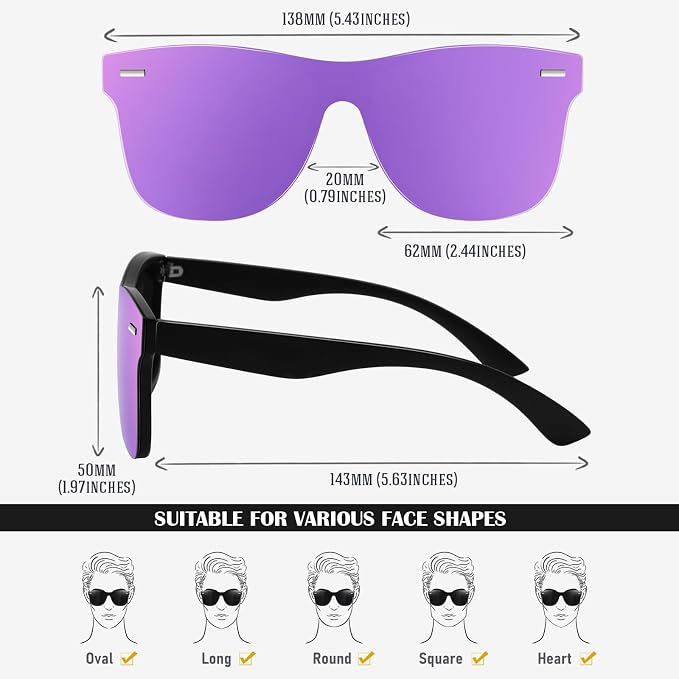LINVO Trendy Polarized Mirrored Sunglasses Men Womens, Flat One Piece Reflective Shades for Driving Fishing UV400 Protection