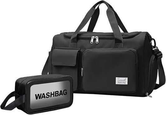 Suruid Gym Bag for Women Men, Travel Duffle Bag Large Capacity Carry On Weekender Bag With Shoe Compartment Gym Tote Dry Wet Separation Duffel Bag with Makeup Bag, Black