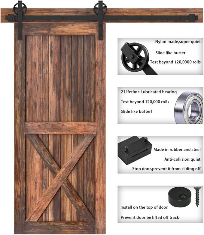 WINSOON 5-16FT Single Wood Sliding Barn Door Hardware Kit 5FT Basic Black Big Spoke Wheel Roller Garage Closet Carbon Steel Flat Track System (5FT)