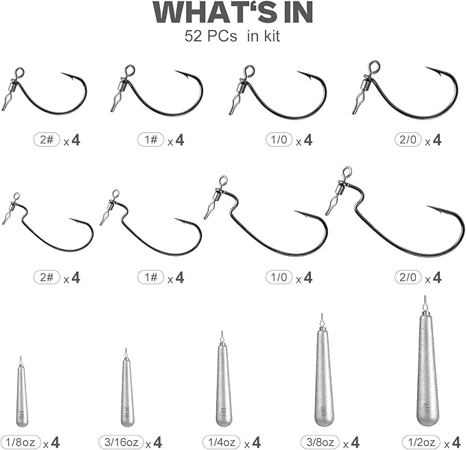 52-Pack Drop Shot Rig Kit - 8 Sizes Swivel Hooks (32 Pcs) & 20 Weights (1/8oz to 1/2oz) - Quick Dropshot Rigging for Bass Fishing