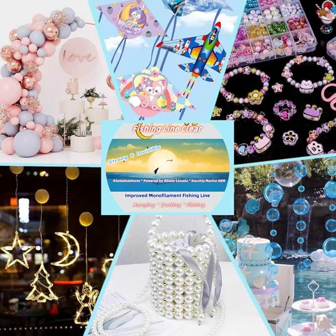 Aboda Clear Fishing Line 0.2-1 mm, Strong Invisible Nylon Fishing Wire 8-100 lb Test Includes Crimp Sleeves, Clear String for Hanging Decorations Balloons Garlands Crafts & Jewelry