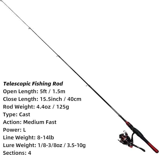 Kilitn Fishing Rod and Reel Combo, Baitcasting Combo Baitcast Reel 5 Foot Durable Fiberglass Telescopic Rod with Fishing Line Full Kits Comfortable Handle