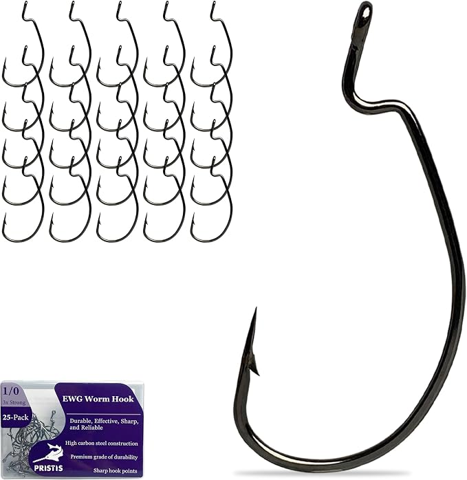 Pristis 25 Pack High Carbon Steel Fishing Hooks, Reinforced EWG Circle Octopus Round Bend 60 Degree Wide Gap Strong Barbed Worm Fish Hook Jig Bait Rig for Saltwater Freshwater Bass Tuna Walleye Trout