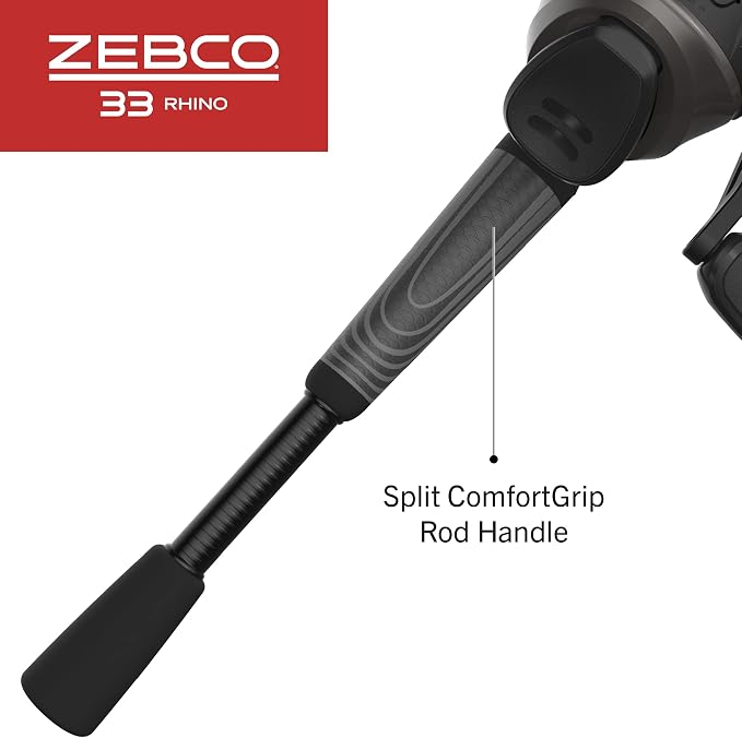 Zebco 33 Rhino Tough Spincast Reel and 2-Piece Fishing Rod Combo, Durable E-Glass Rod with ComfortGrip Handle, Quickset Anti-Reverse Fishing Reel with Bite Alert