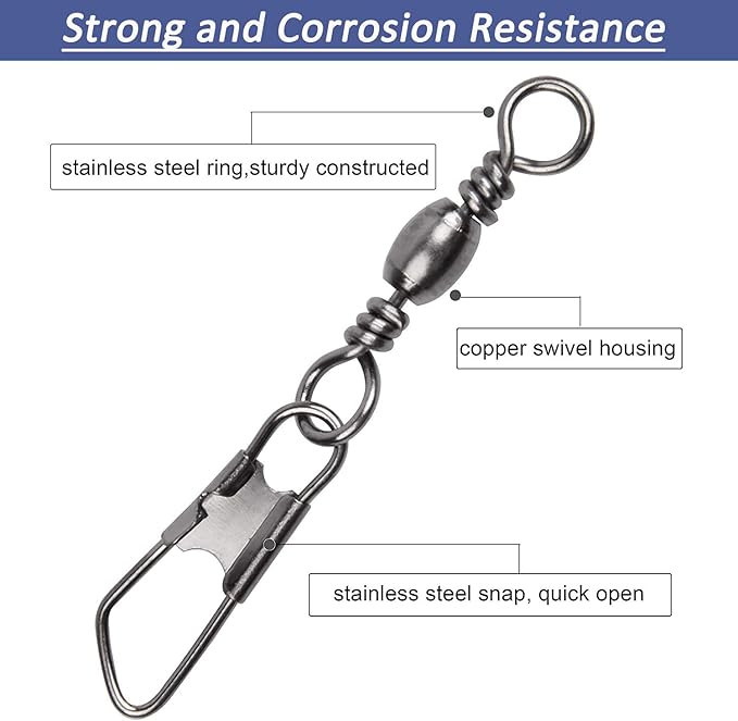 Fishing Snap Swivels Rolling Barrel Swivels with Safety Snaps High Strength Copper and Stainless Steel, Black Nickel Coated Quick Connect Swivel Snap Fishing Tackle