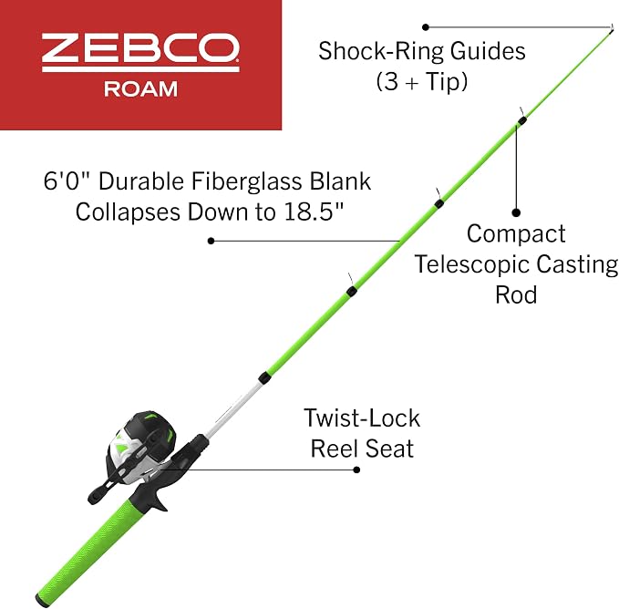 Zebco Roam Telescopic Fishing Rod and Spinning or Spincast Fishing Reel Combo, Durable 6-Foot Fiberglass Rod with ComfortGrip Handle, Pre-spooled with Zebco Cajun Fishing Line