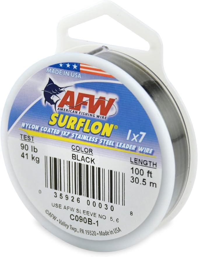 American Fishing Wire Surflon Nylon Coated 1x7 Stainless Steel Wire Leader - Wire Fishing Leader Line for Saltwater 10lb Up To 250lb Test in Bright, Black, Camo in 30ft, 100ft, 300ft, & 1000ft Lengths