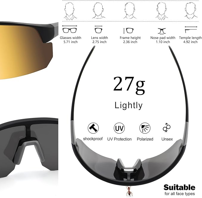 BangLong Lightweight Polarized Sports Sunglasses for Men Women, UV400 Protection Wrap-Around Sunglasses for Running Cycling