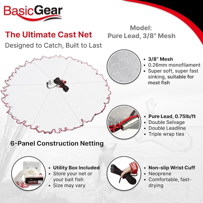 BasicGear Cast Net | Lead, 3ft-12ft Radius, 3/8 or 1/4 inch Mesh for Freshwater and Saltwater Bait Fish| Professional Grade and Upgraded Material | Throw Style