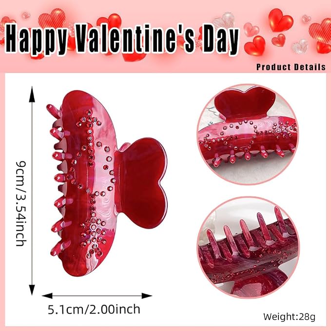 Heart Hair Claw Clips Large Acrylic Hair Clips Red Heart Shape Clamp Clips for Holiday Hair Accessories Strong Hold Hair Jaw Clips with Cupid Rhinestones Luxury Design Wedding Party Gifts