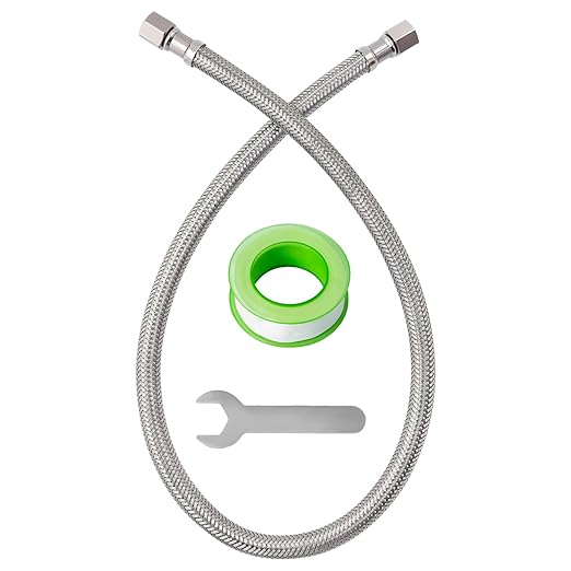 SUNGATOR 2 Feet Refrigerator Water Line, 1/4" Comp X 1/4" Comp Ice Maker Hose, 2 Feet Stainless Steel Braided Ice Maker Water Supply Line with A Wrench and Sealing Tape (1 Pack)