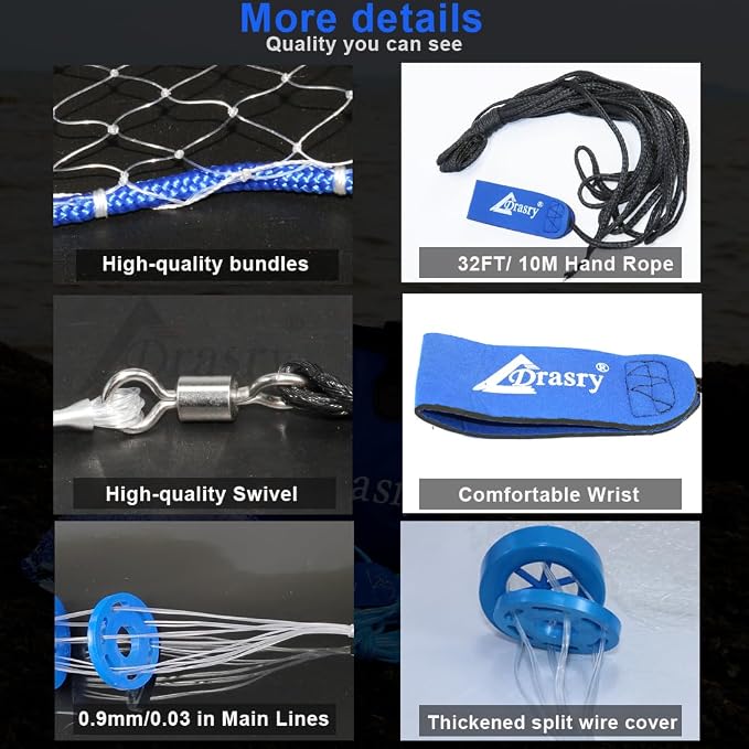 Drasry Saltwater American Fishing Cast Net 3/8inch Mesh Size for Bait Shrimp Trap Fish Heavy Duty Sinkers Throw Net 3FT/4FT/5FT/6FT/7FT/8FT/9FT/10FT Radius