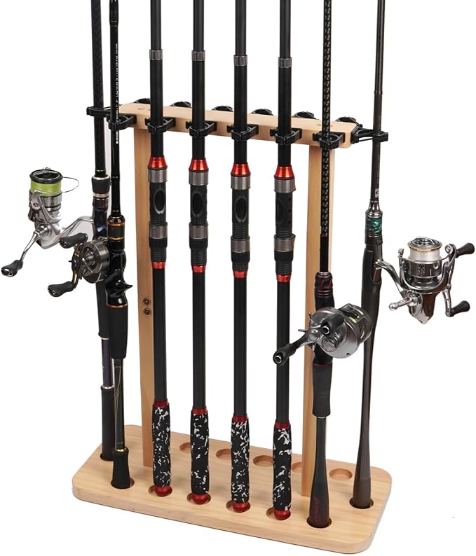 VEYWANE Fishing Rod Storage Racks, 100% Wood Floor Stand Fishing Pole Holders for Garage of 14 Rods or Combos