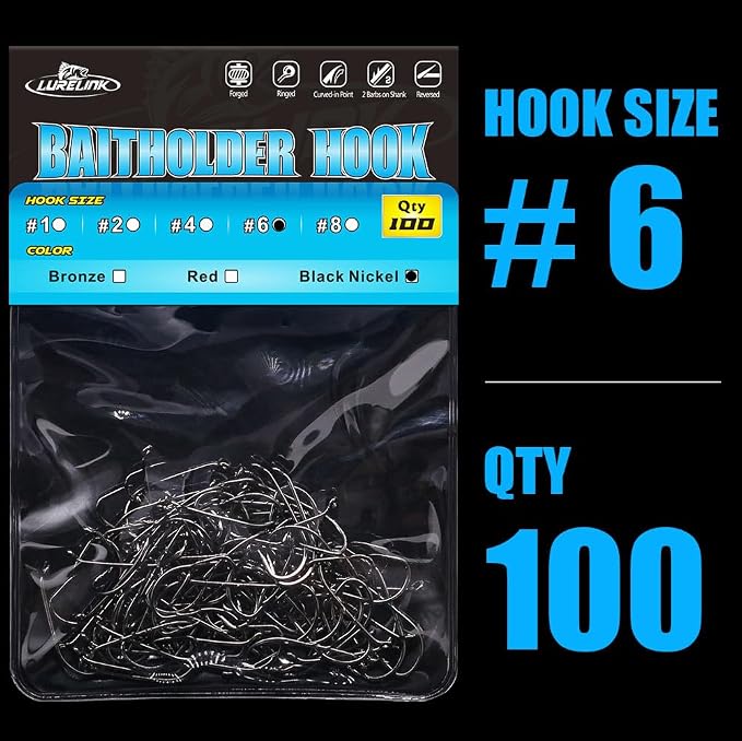 Baitholder Fishing Hooks 100 Pack - Double-Barbed Long Shank for Bluegill Bass Trout Walleye Black/Red, 8/0-#8