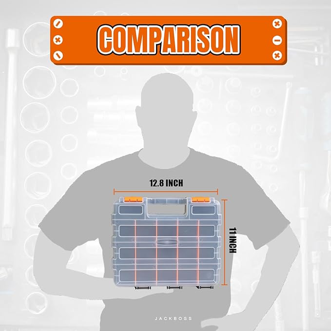 Tool Box with Transparent Lid, Double Side 34-Compartments Organizer Box with Removable Dividers for Hardware, Screws, Bolts, Nails, Beads, Jewelry and Fishing Accessories, Orange, 2 Packs