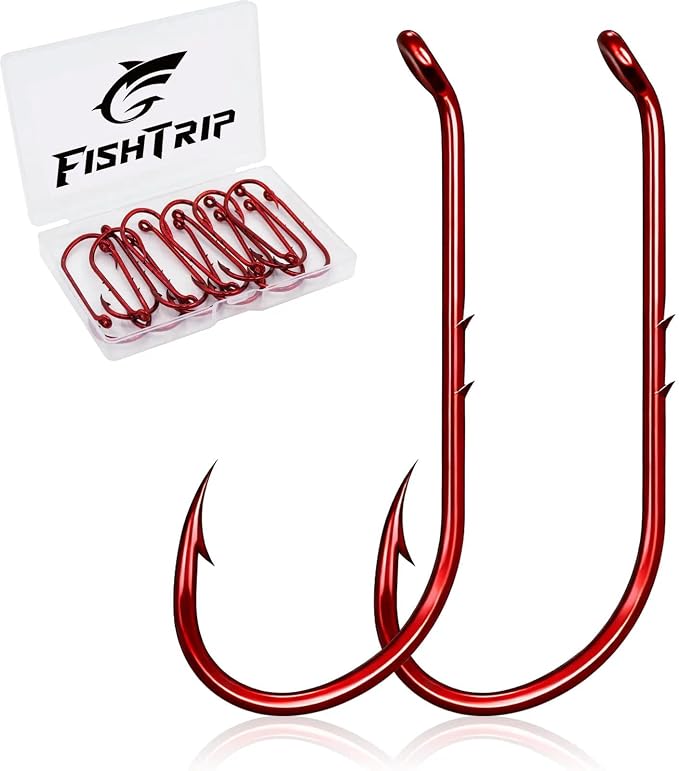 FishTrip 100pcs Baitholder Fishing Hooks, Double Barbed Long Shank Offset Bait Holder Fish Hook for Fishing Rigs Freshwater Saltwater Red #8-6/0