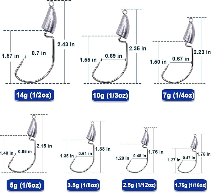 FishTrip Bullet Jig Head Weighted Hooks,10pcs Texas Rigs EWG Hooks for Bass Fishing Saltwater 1/16 1/8 1/4 1/2 oz