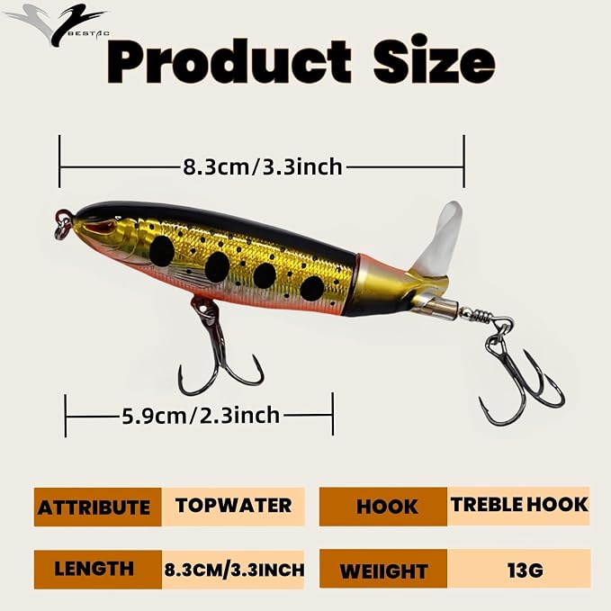 Bestac Topwater Fishing Lures Set Popper Lures for Bass Catfish Pike Perch Bass Lures with Floating Rotating Tail Artificial Hard Bait Multiple Colors