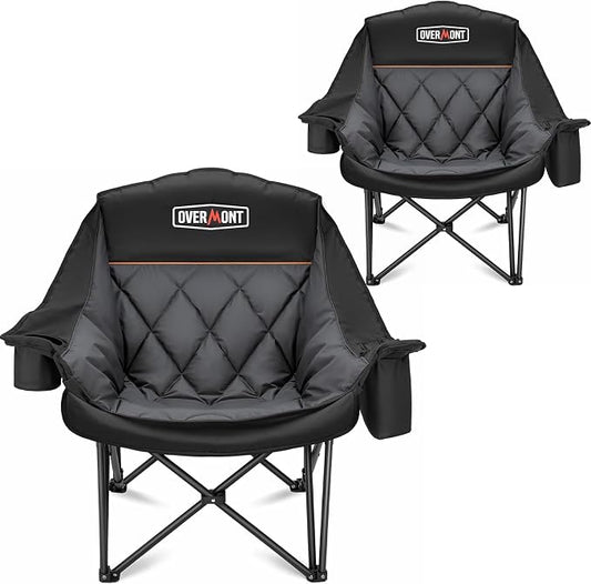 Overmont Oversized XL Camping Chair for Adults - 500lbs Support Heavy-Duty Padded Folding Chair with Side Pocket Cup Holder Cooling Bag for Outdoor Sports Garden Beach Fishing Lawn Black 2pcs