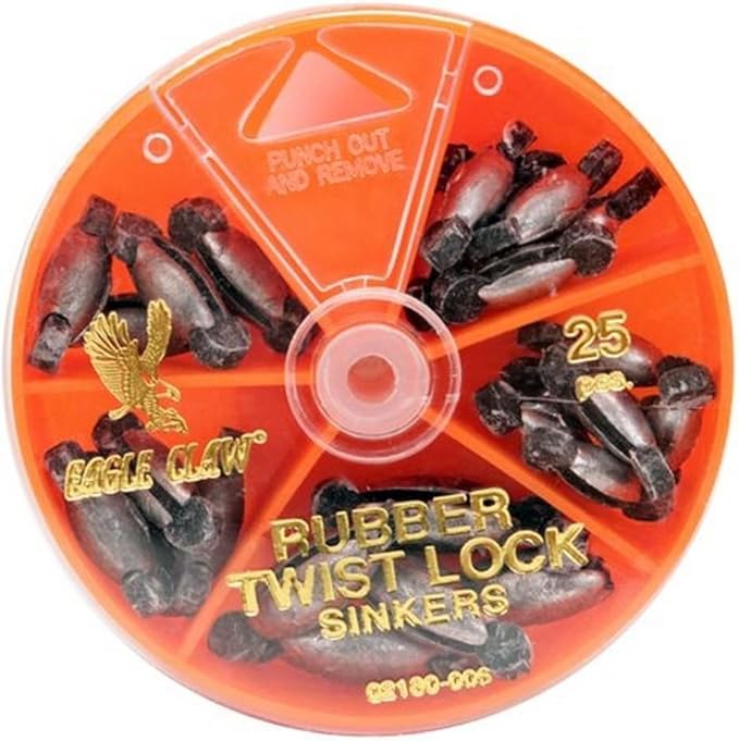 Eagle Claw Rubber-Core Sinker Assortment, 25 Sinkers, Plain Lead, Rubber-Core Twist-Lock Sinker, Assorted Sizes, Dial Pack